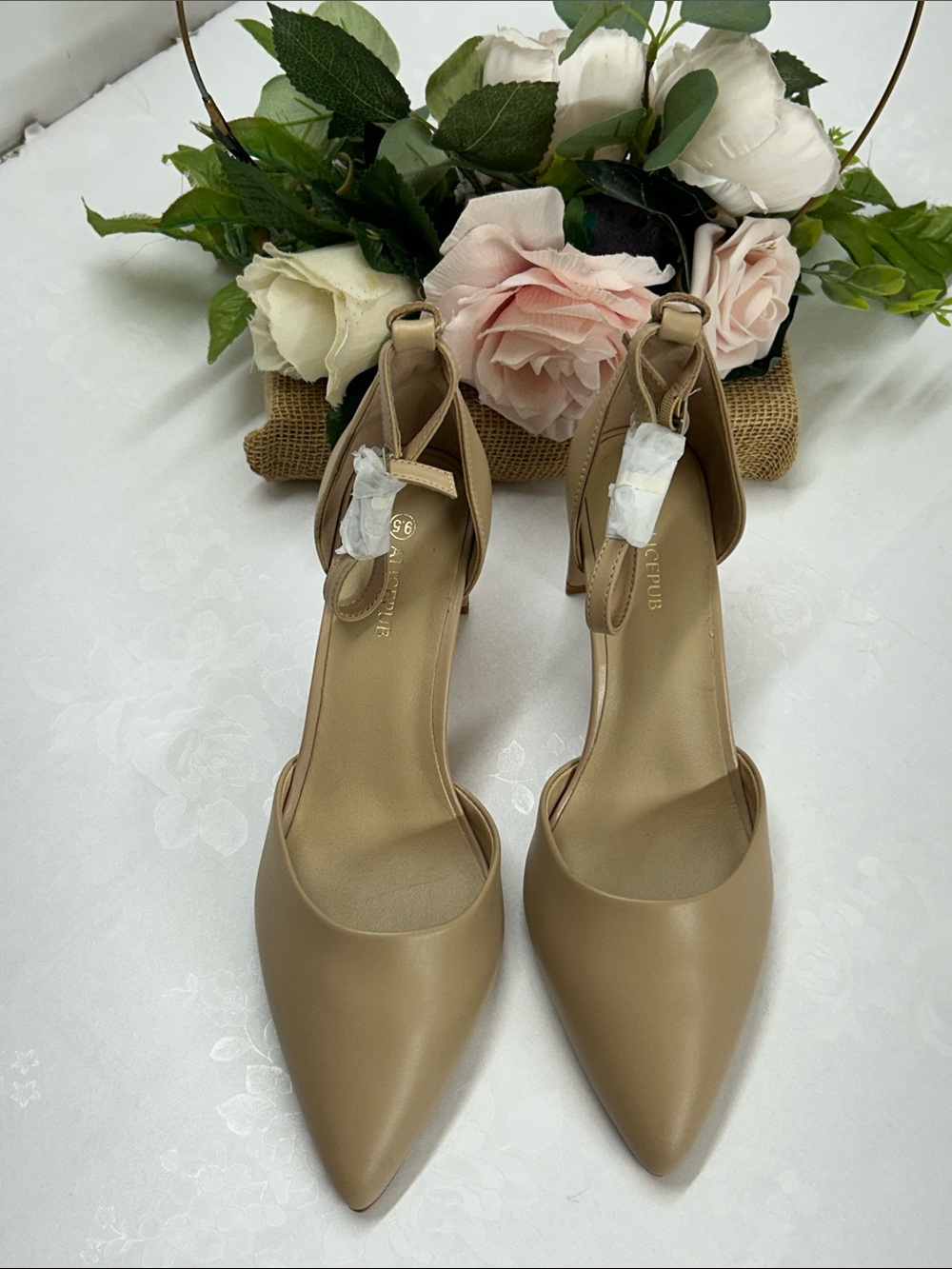 Women's Pointed Toe Ankle Strap Pumps - Beige
